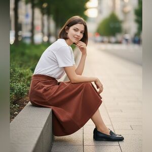 Vintage Midi Corduroy Rust Brown Pleated Pockets Preppy Western Cottage Skirt